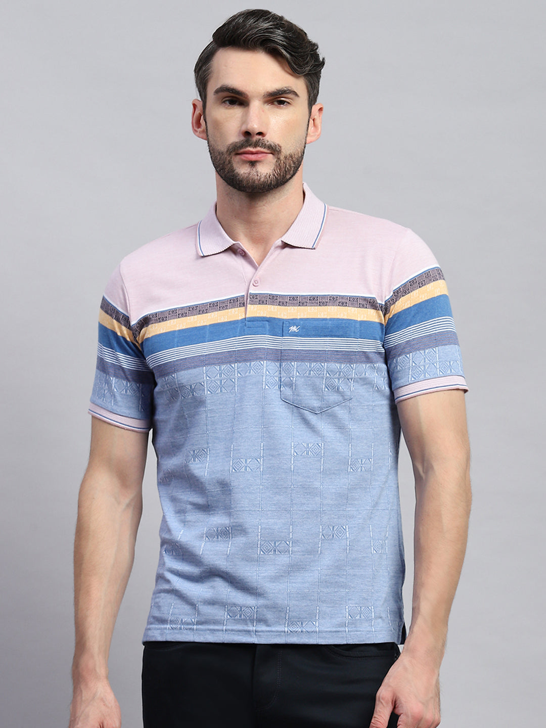 Men Pink & Blue Stripe Collar Half Sleeve T-Shirt