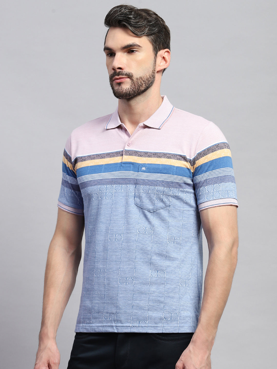 Men Pink & Blue Stripe Collar Half Sleeve T-Shirt