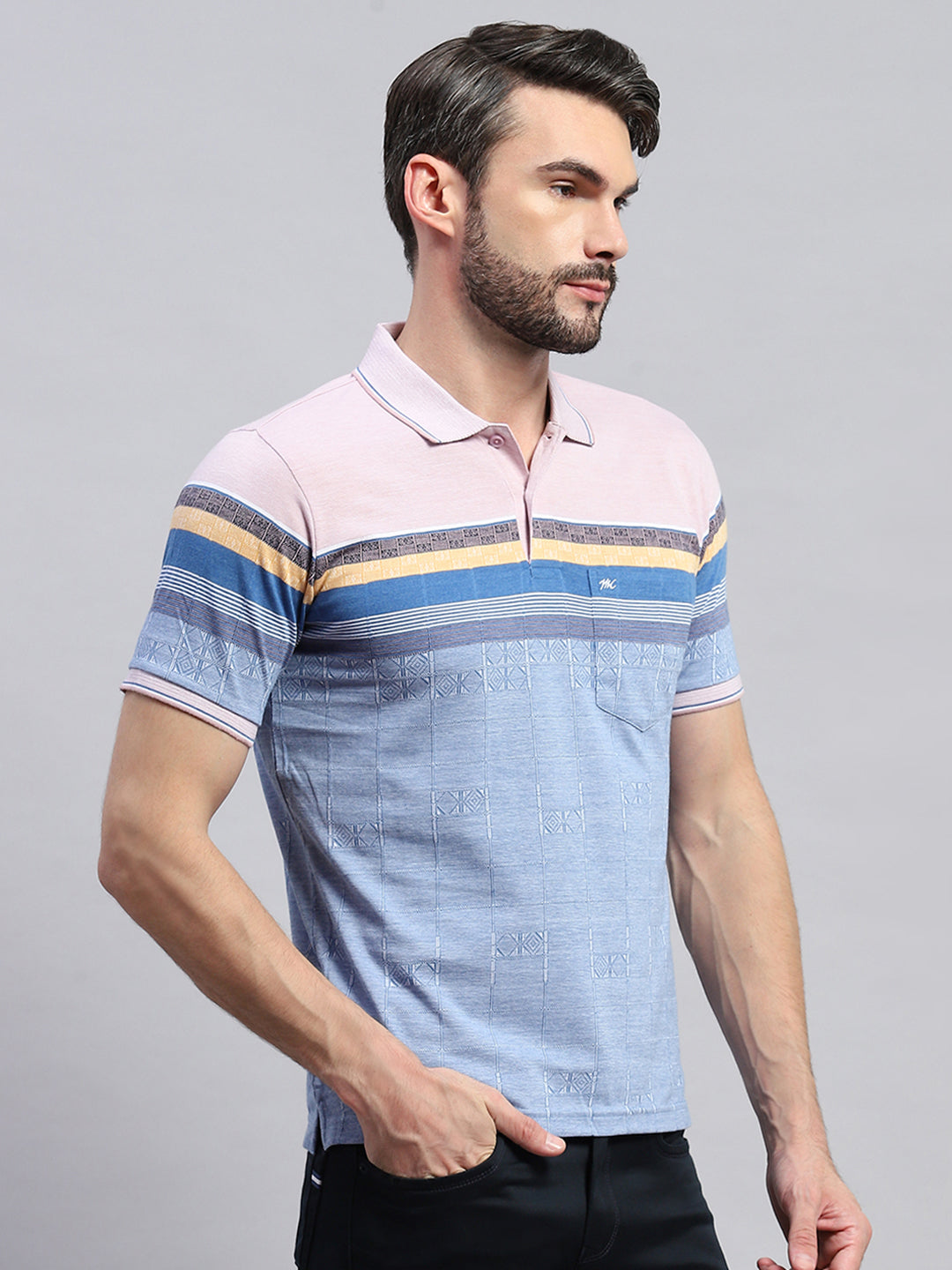 Men Pink & Blue Stripe Collar Half Sleeve T-Shirt