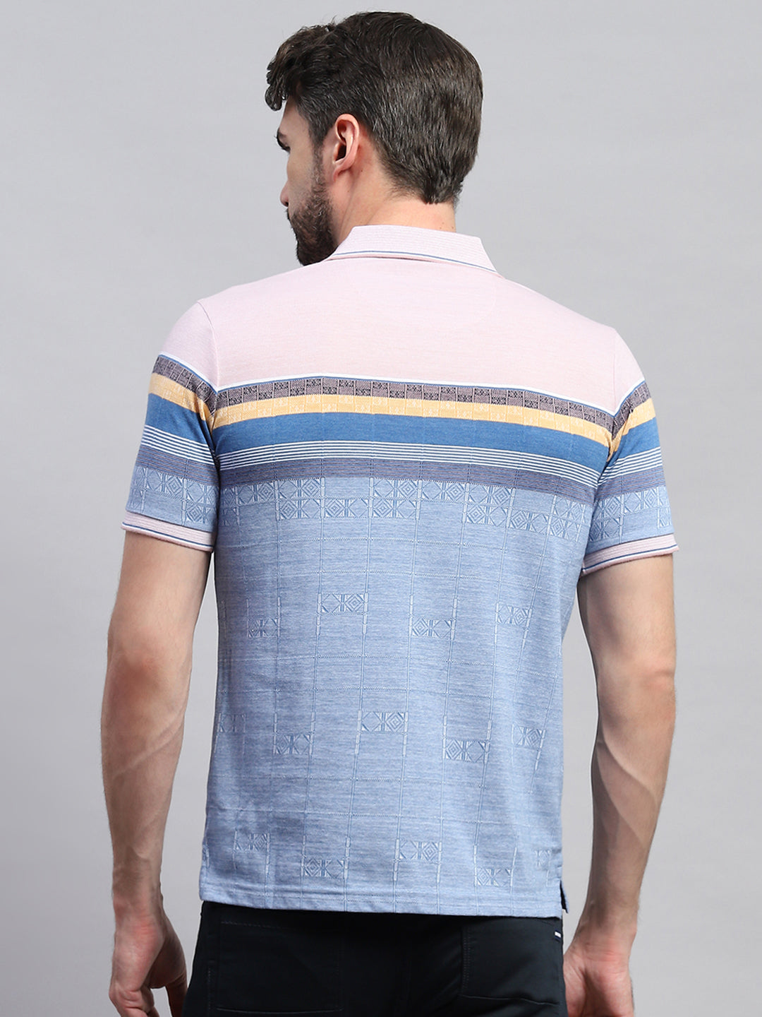 Men Pink & Blue Stripe Collar Half Sleeve T-Shirt