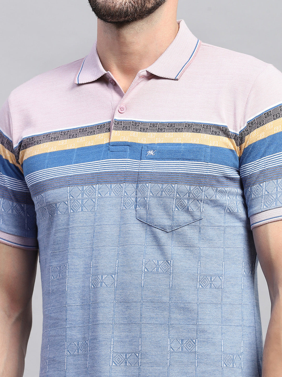 Men Pink & Blue Stripe Collar Half Sleeve T-Shirt