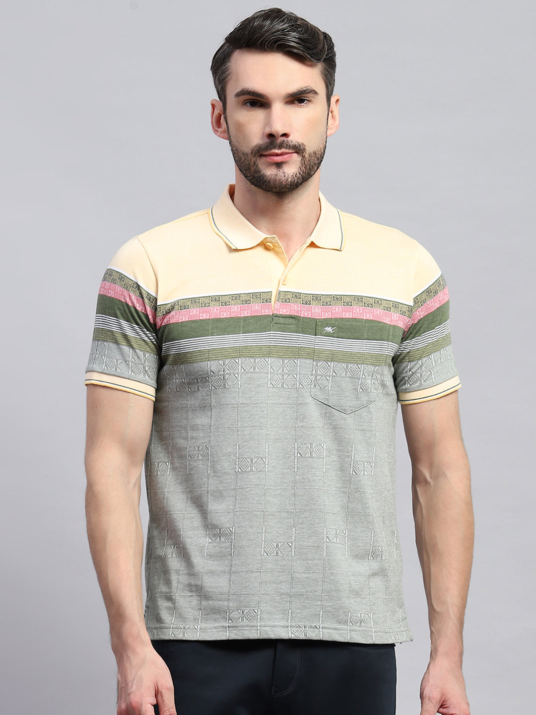 Men Yellow & Olive Stripe Collar Half Sleeve T-Shirt