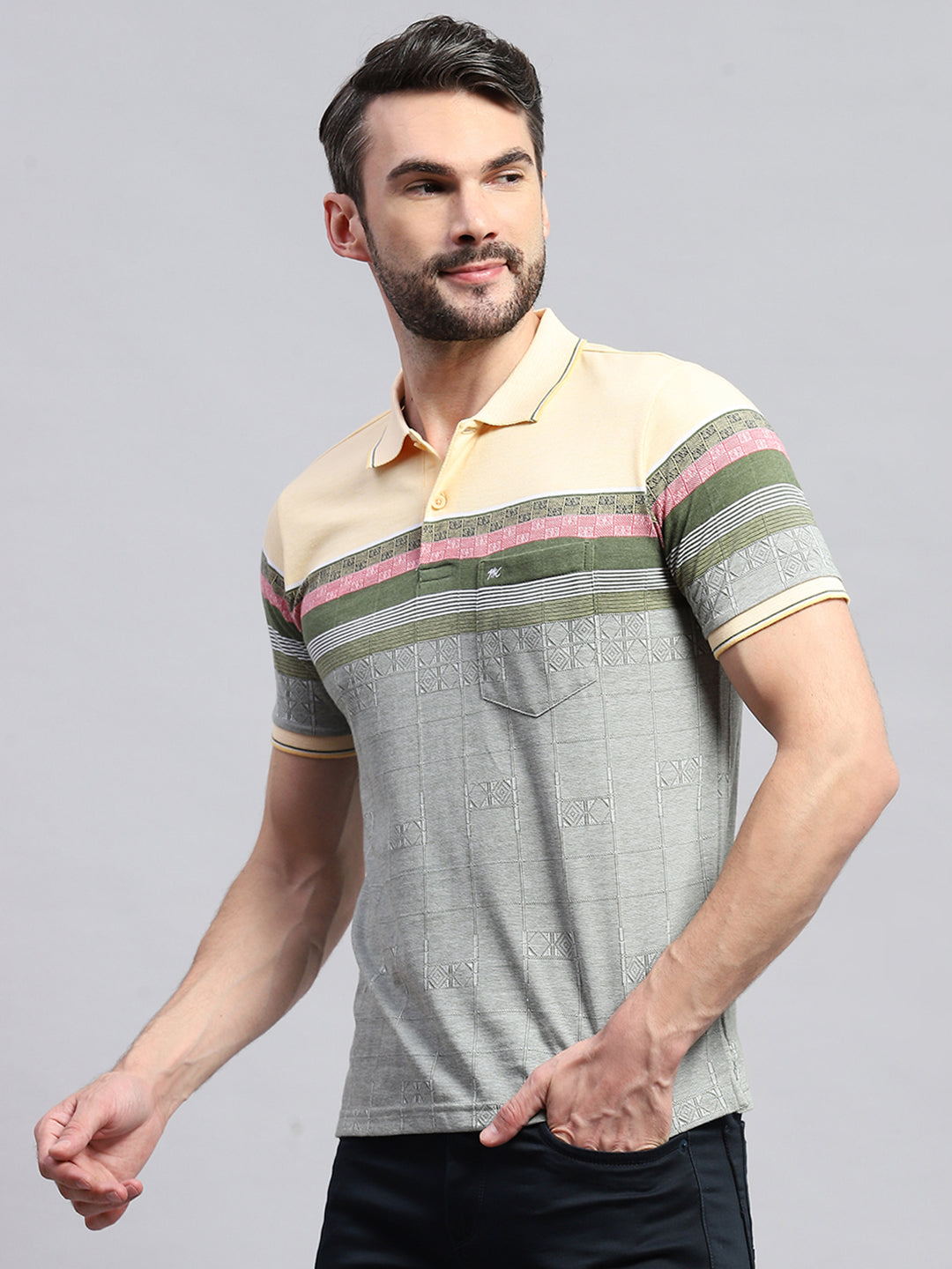 Men Yellow & Olive Stripe Collar Half Sleeve T-Shirt