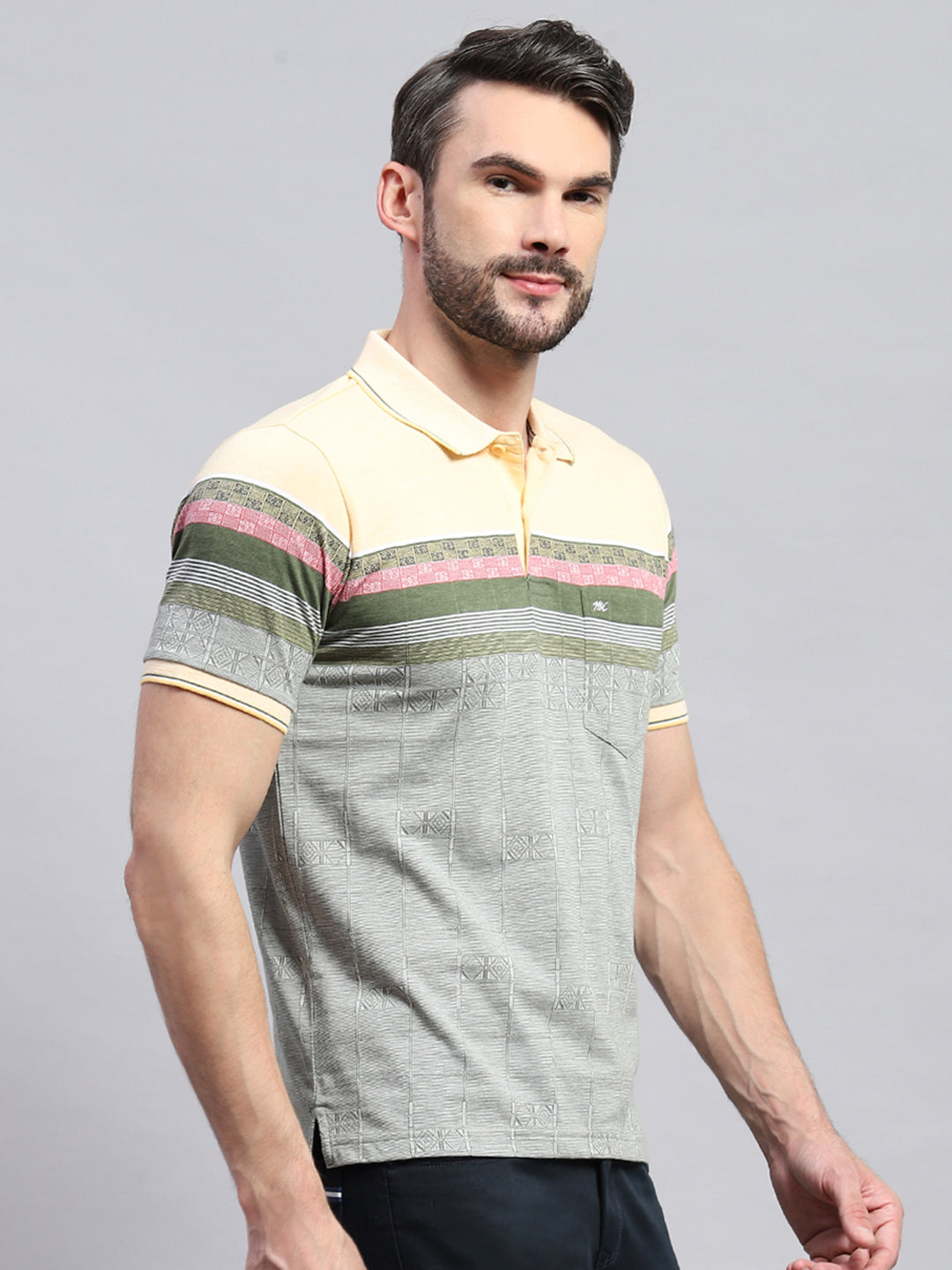 Men Yellow & Olive Stripe Collar Half Sleeve T-Shirt