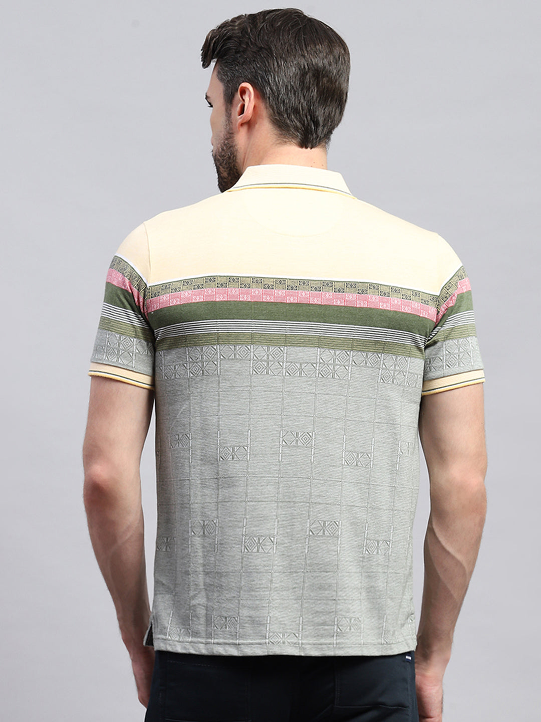 Men Yellow & Olive Stripe Collar Half Sleeve T-Shirt