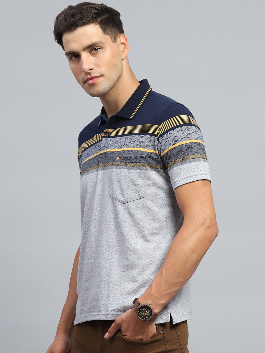 Men Navy Blue Stripe Collar Half Sleeve T-Shirt