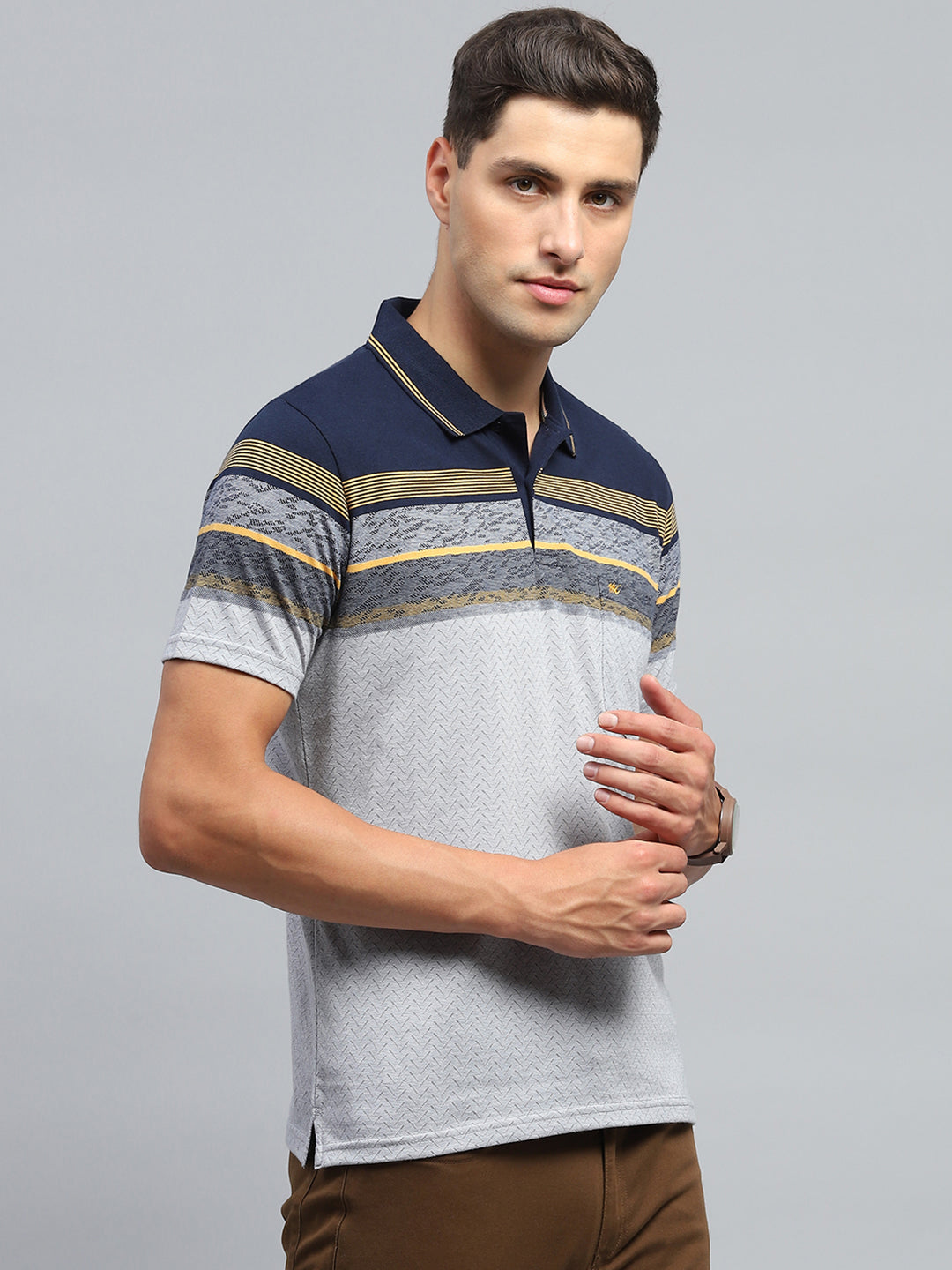 Men Navy Blue Stripe Collar Half Sleeve T-Shirt