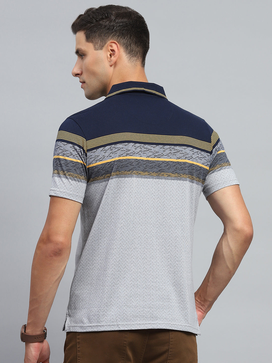 Men Navy Blue Stripe Collar Half Sleeve T-Shirt