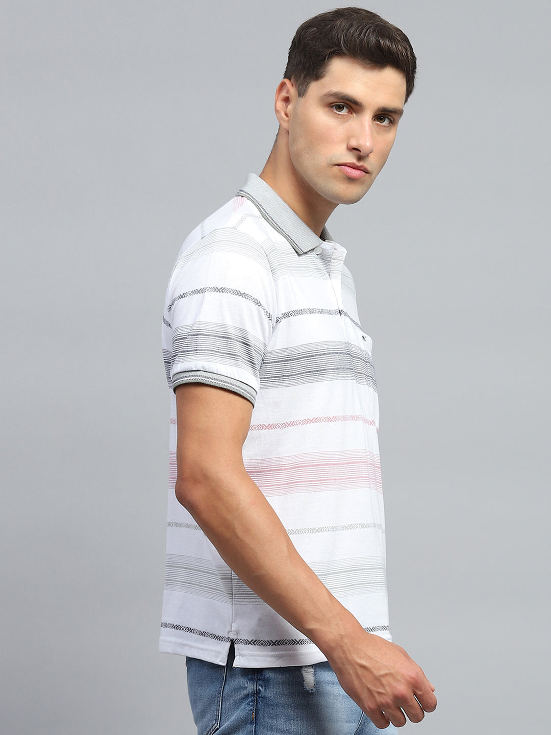 Men White Stripe Collar Half Sleeve T-Shirt