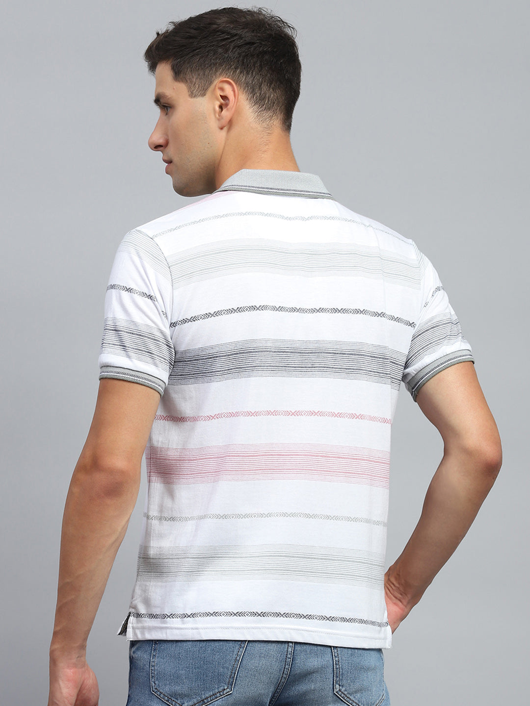 Men White Stripe Collar Half Sleeve T-Shirt