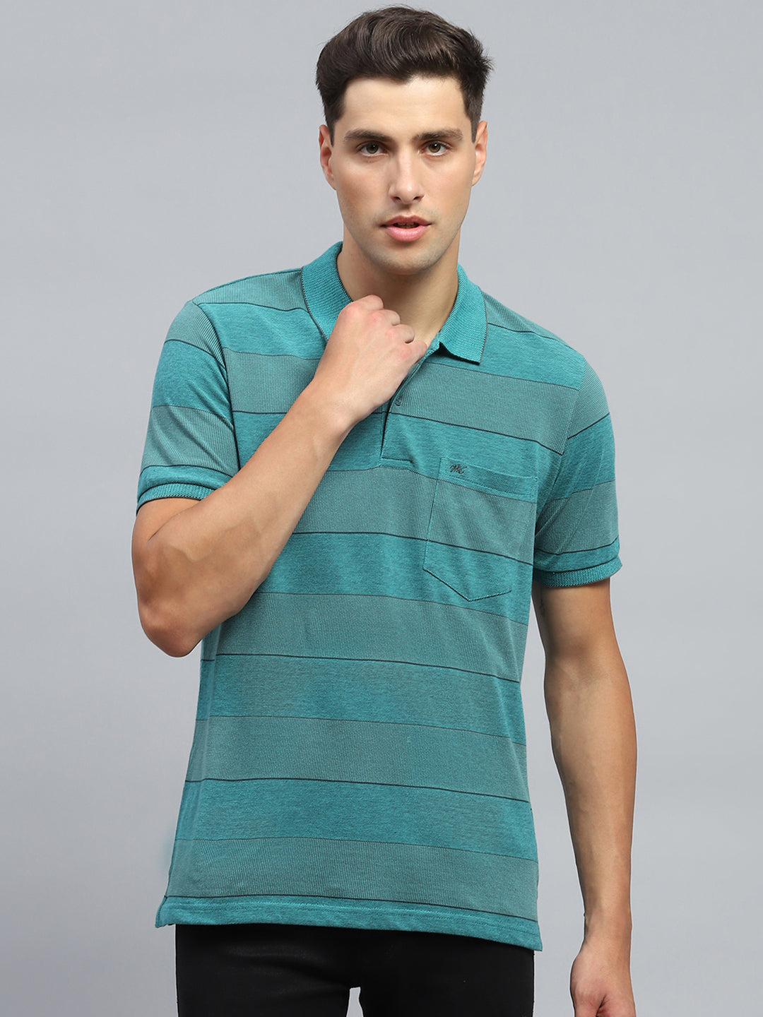 Men Green Stripe Collar Half Sleeve T-Shirt