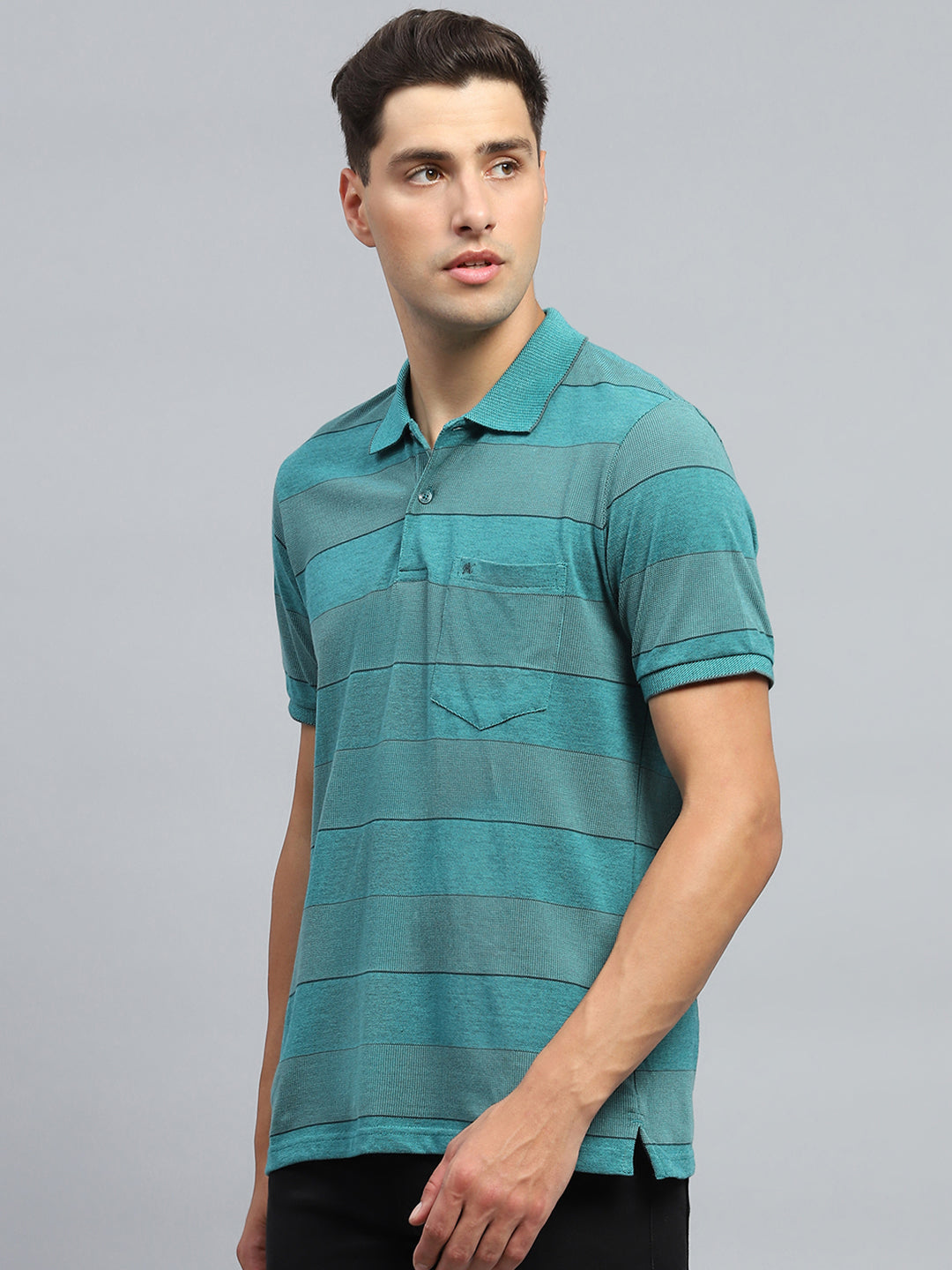 Men Green Stripe Collar Half Sleeve T-Shirt