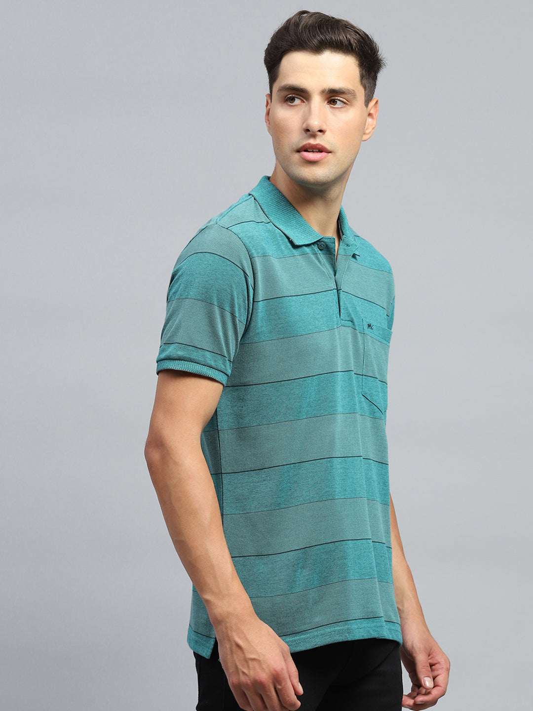 Men Green Stripe Collar Half Sleeve T-Shirt