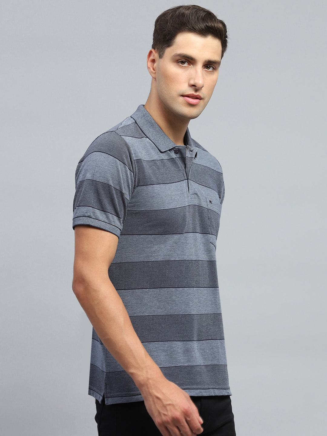 Men Grey Stripe Collar Half Sleeve T-Shirt