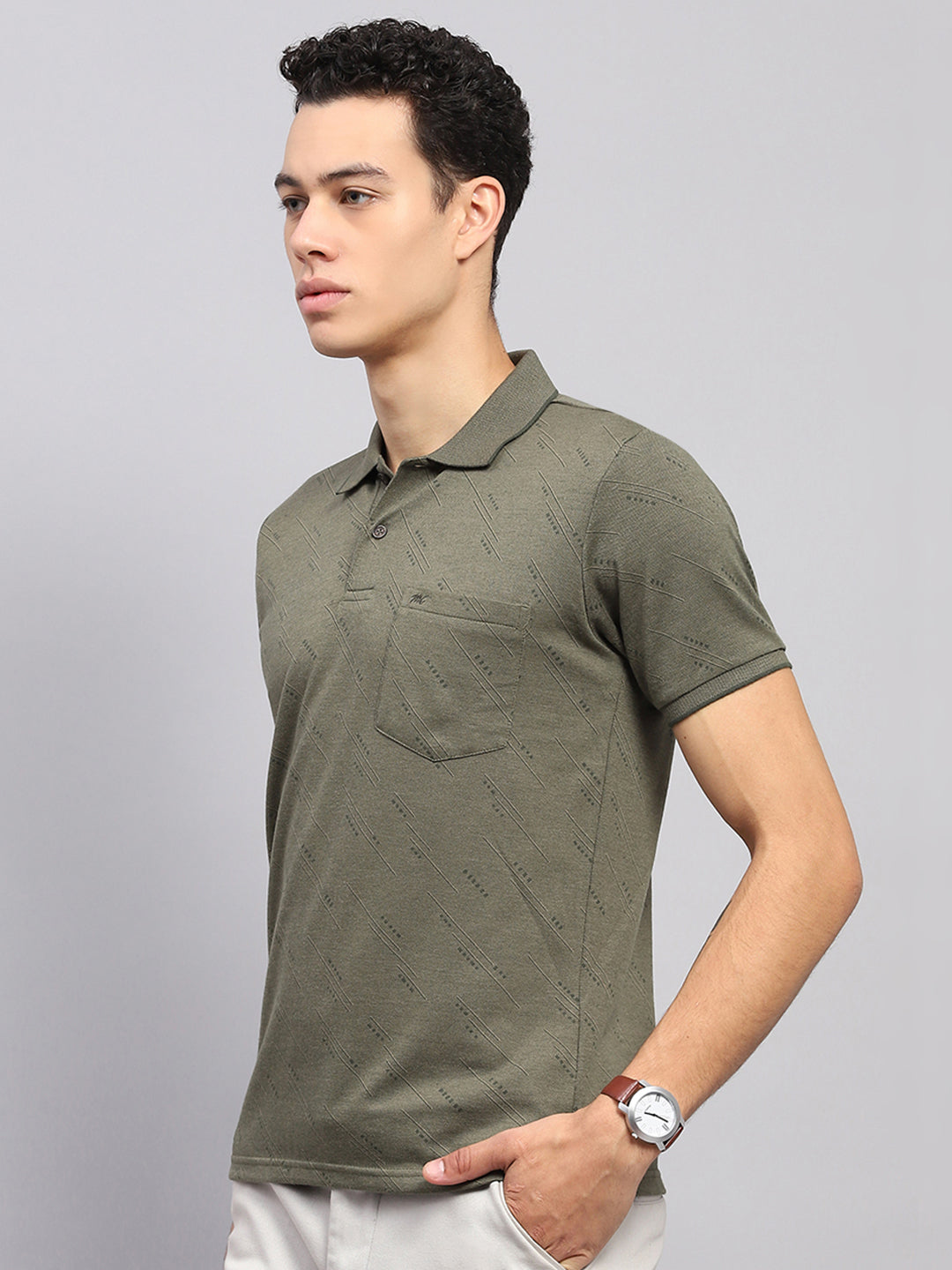 Men Olive Printed Collar Half Sleeve T-Shirt