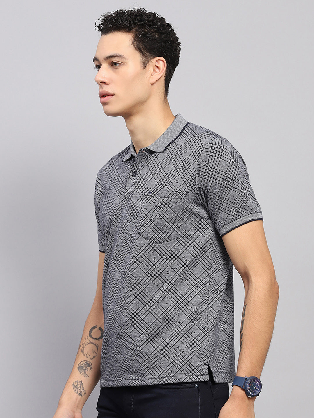 Men Grey Self Design Collar Half Sleeve T-Shirt