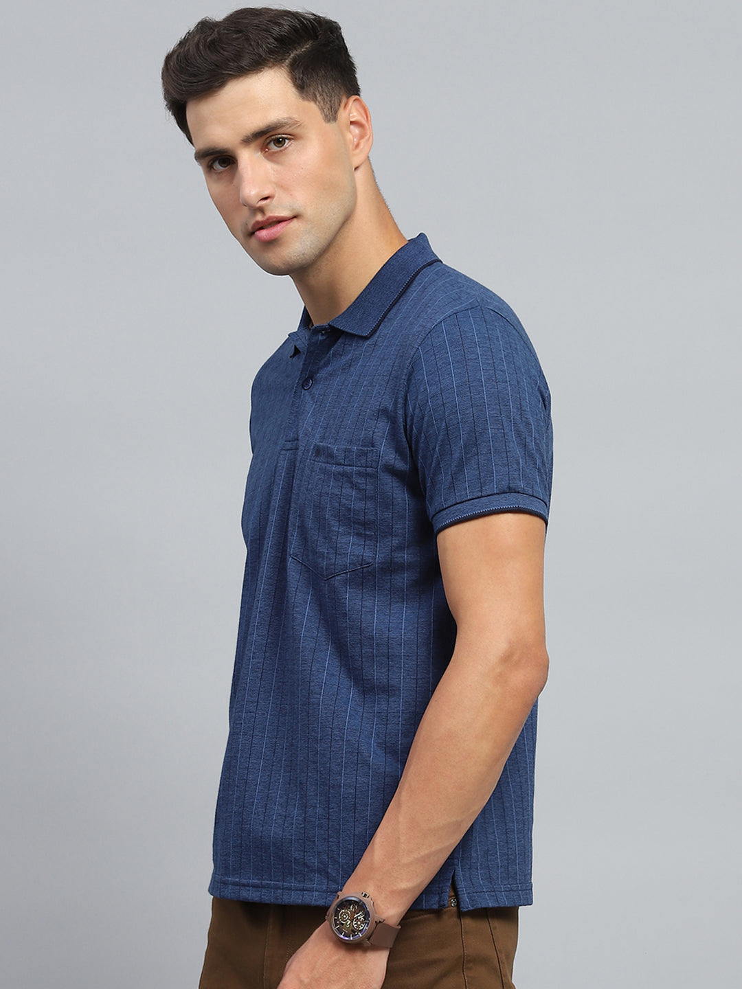 Men Blue Stripe Collar Half Sleeve T-Shirt