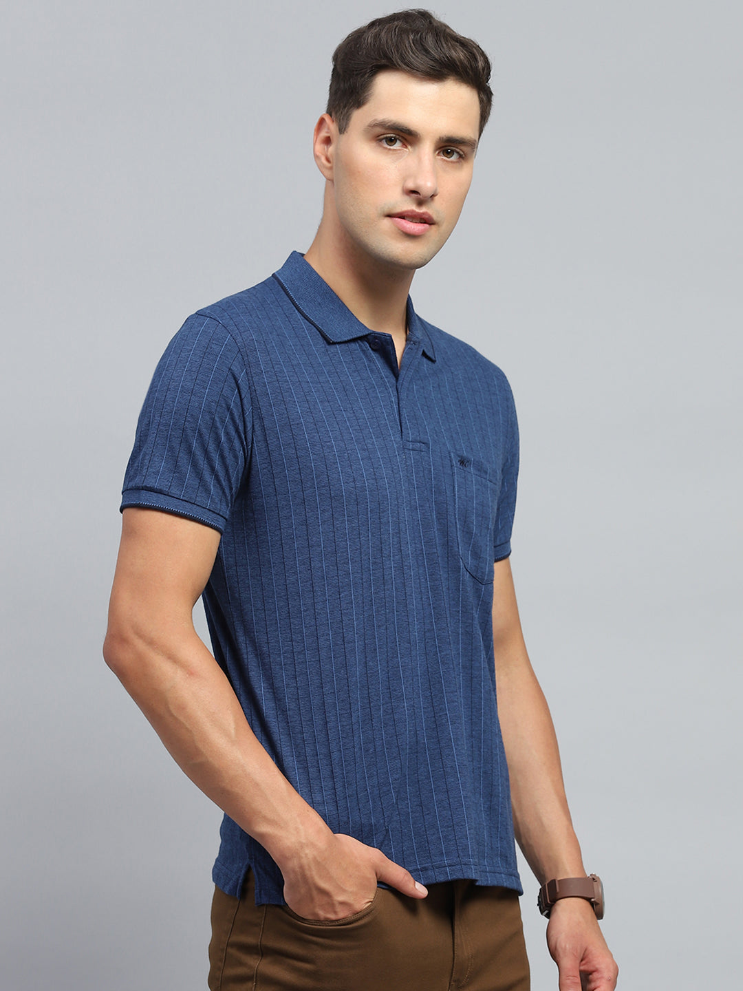 Men Blue Stripe Collar Half Sleeve T-Shirt