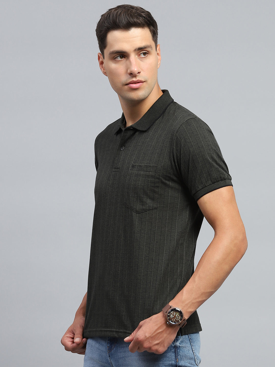 Men Olive Stripe Collar Half Sleeve T-Shirt