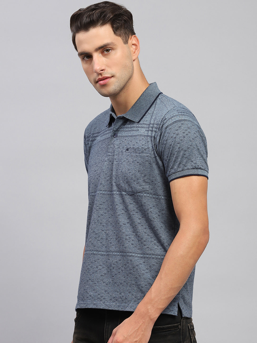 Men Grey Printed Polo Collar Half Sleeve T-Shirt