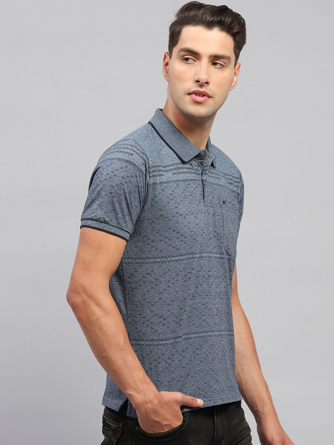 Men Grey Printed Polo Collar Half Sleeve T-Shirt