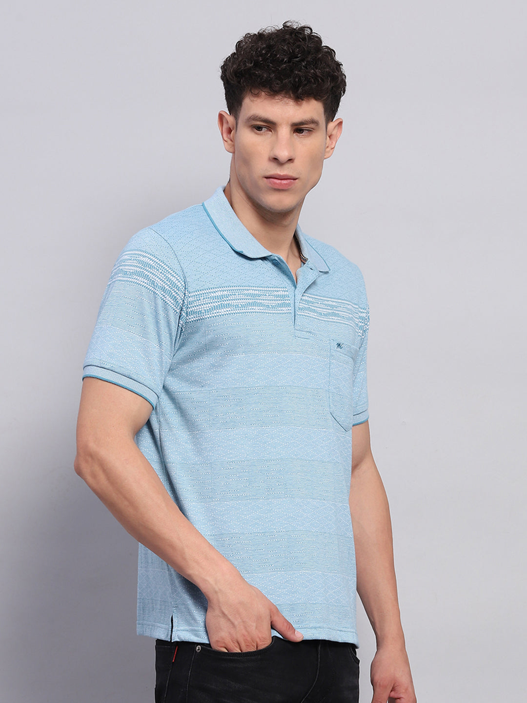 Men Blue Stripe Collar Half Sleeve T-Shirt