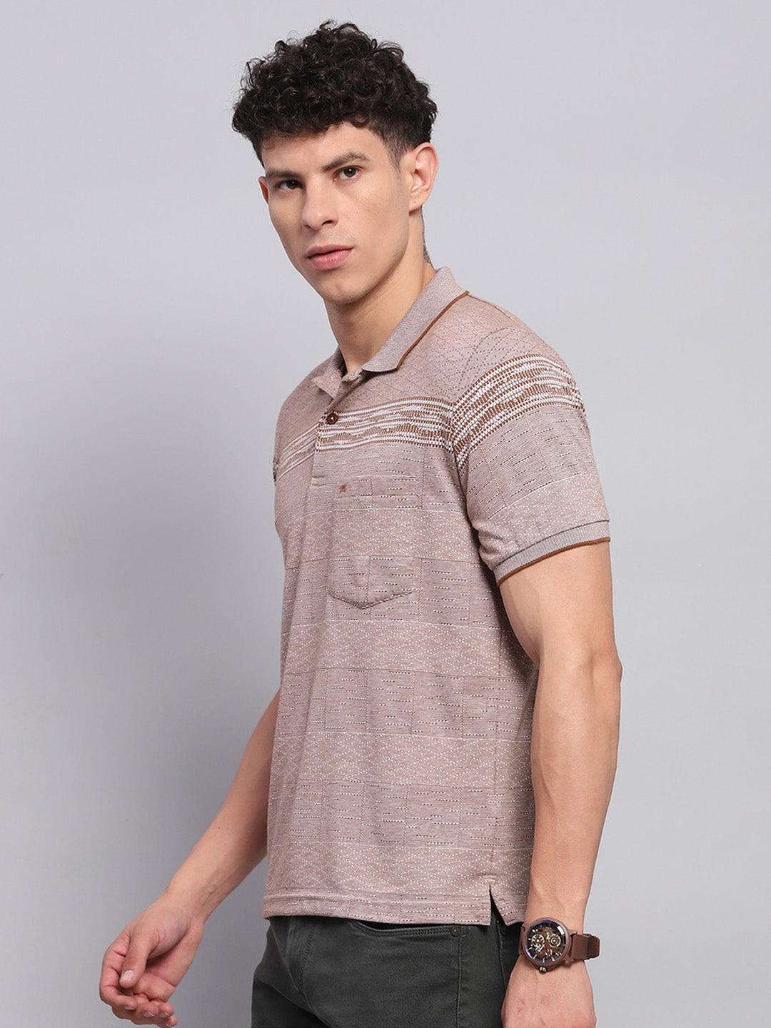 Men Brown Stripe Collar Half Sleeve T-Shirt