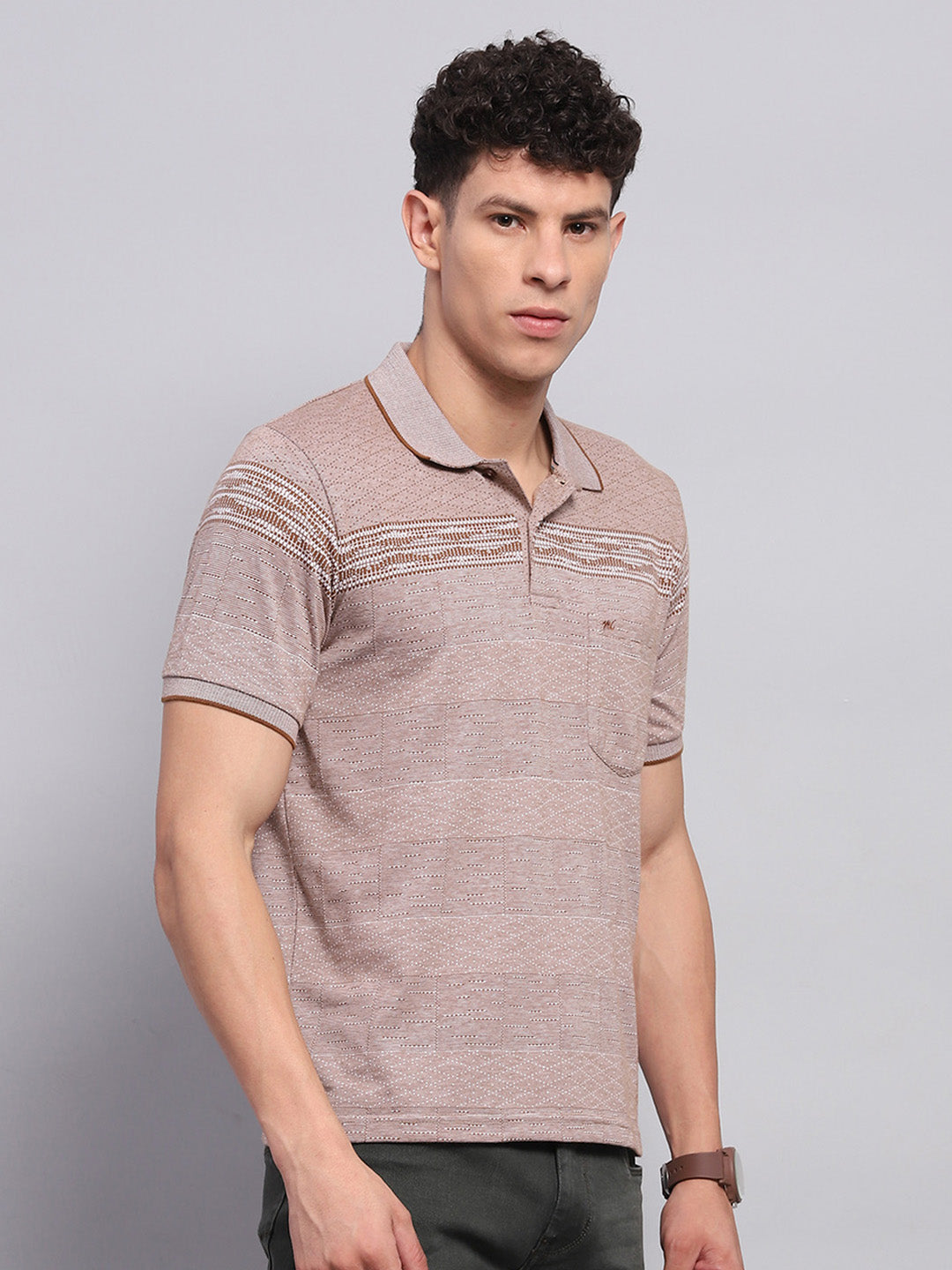 Men Brown Stripe Collar Half Sleeve T-Shirt