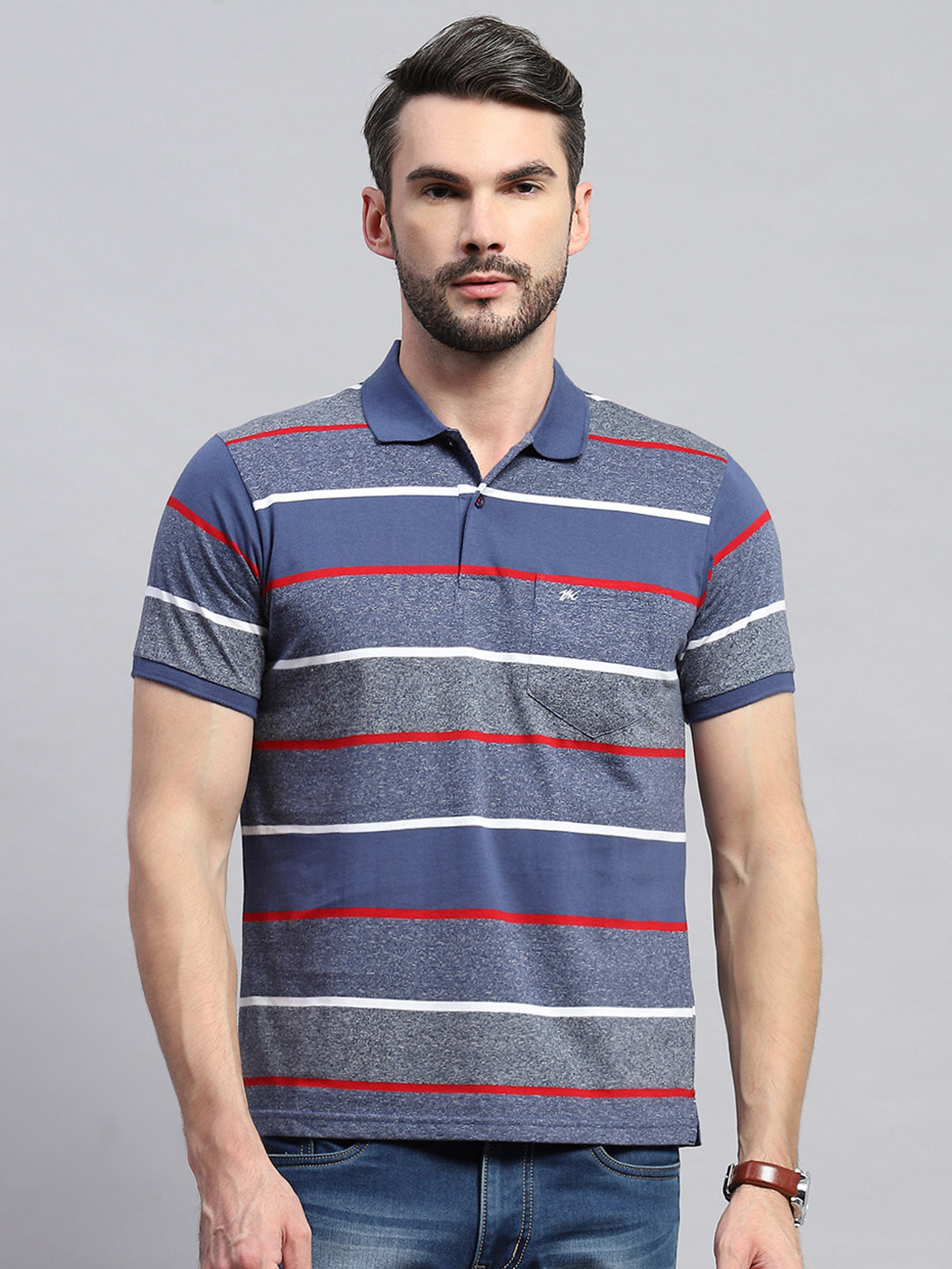 Men Grey & Blue Stripe Collar Half Sleeve T-Shirt