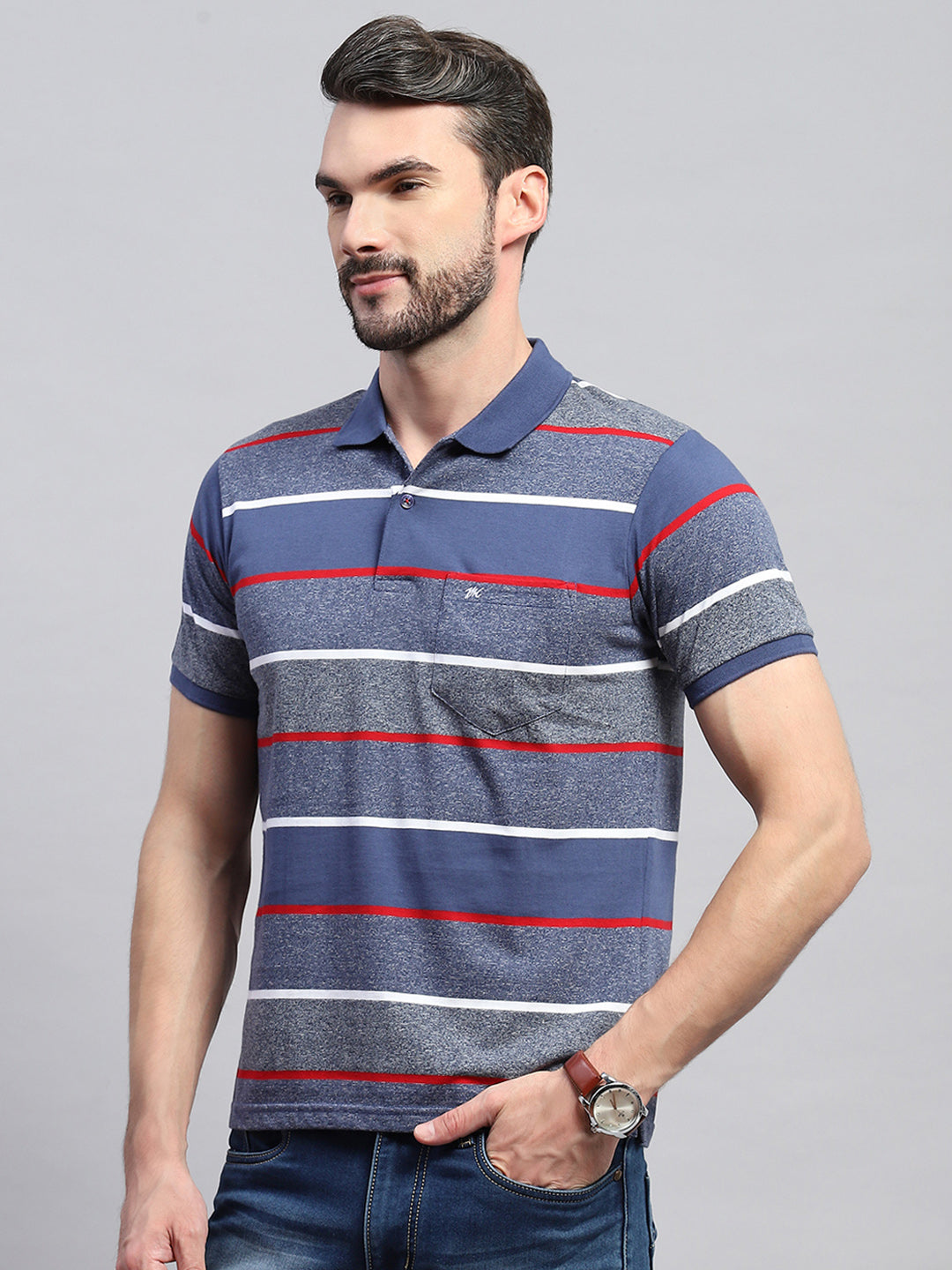 Men Grey & Blue Stripe Collar Half Sleeve T-Shirt