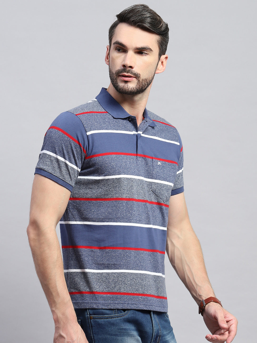 Men Grey & Blue Stripe Collar Half Sleeve T-Shirt