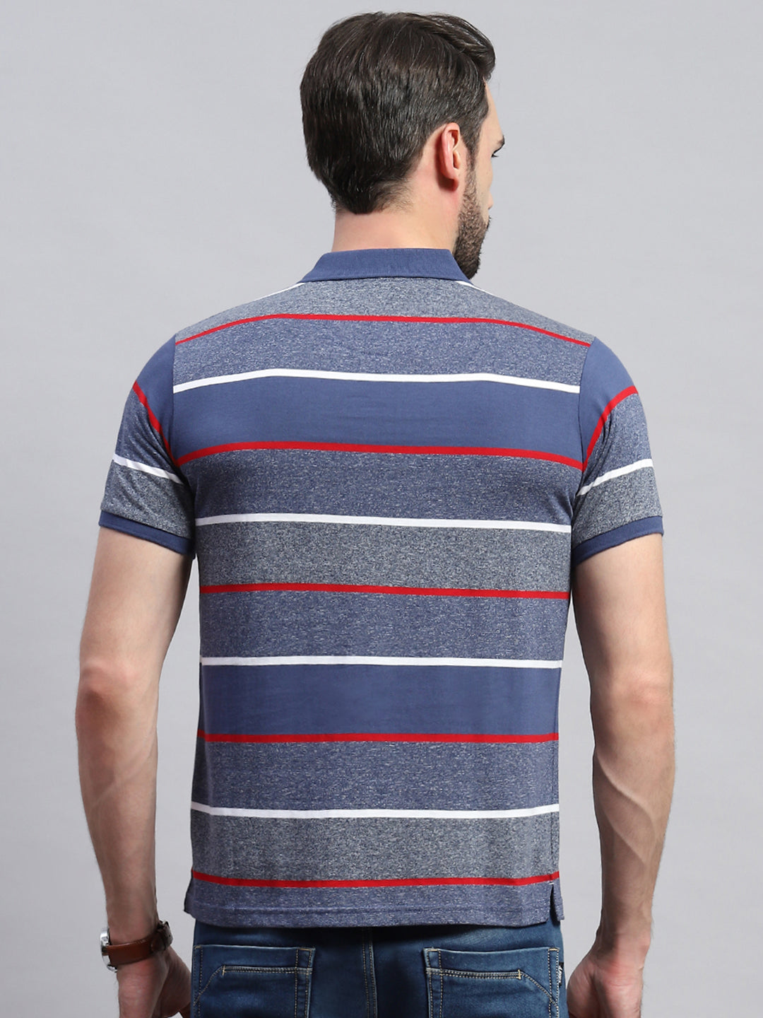 Men Grey & Blue Stripe Collar Half Sleeve T-Shirt