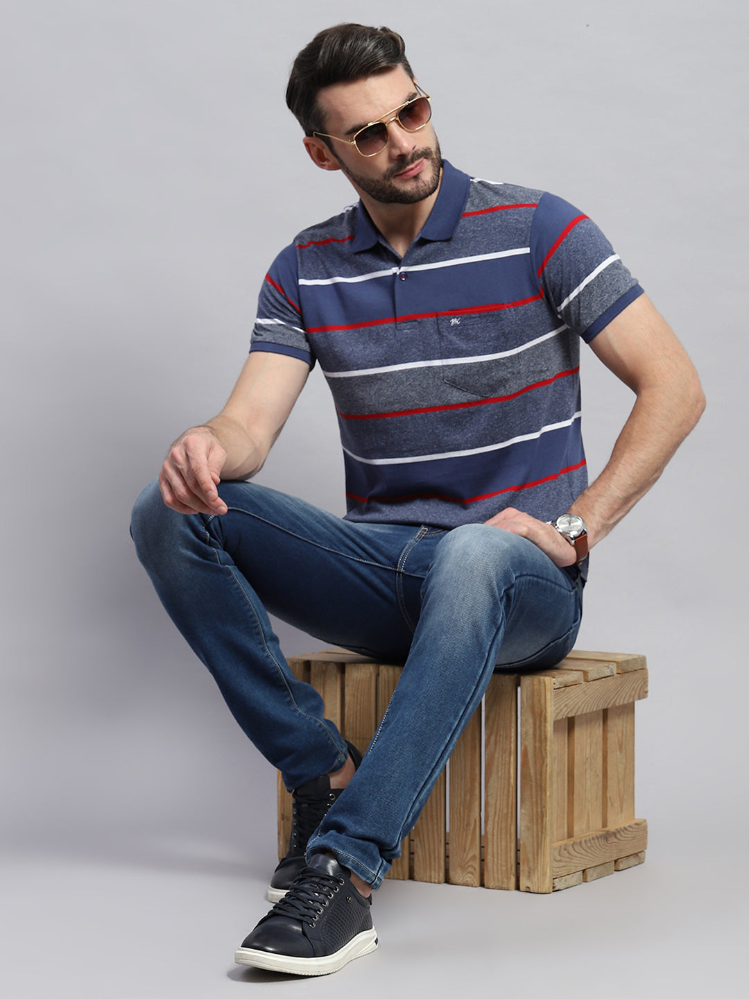 Men Grey & Blue Stripe Collar Half Sleeve T-Shirt