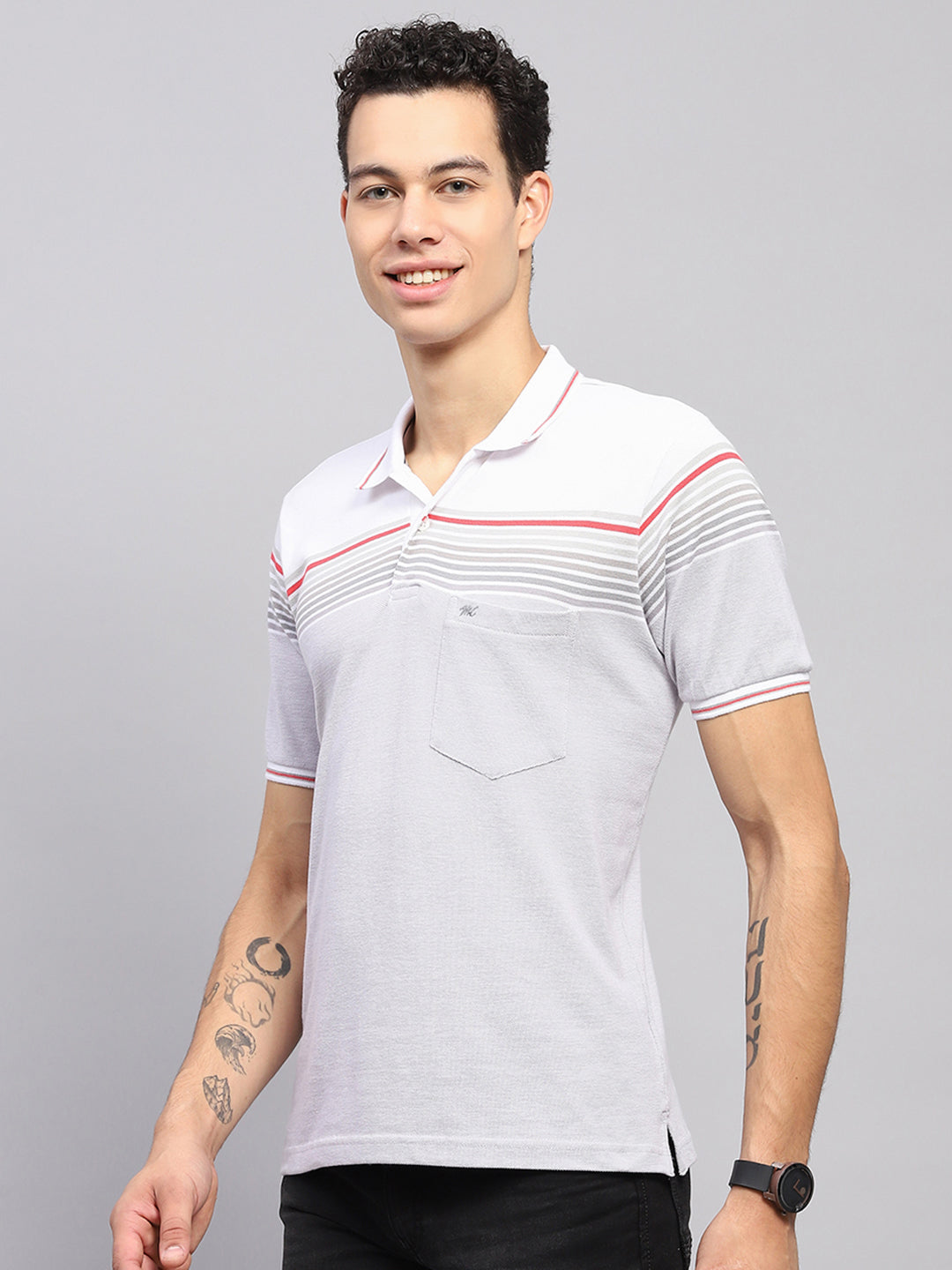 Men White Stripe Collar Half Sleeve T-Shirt