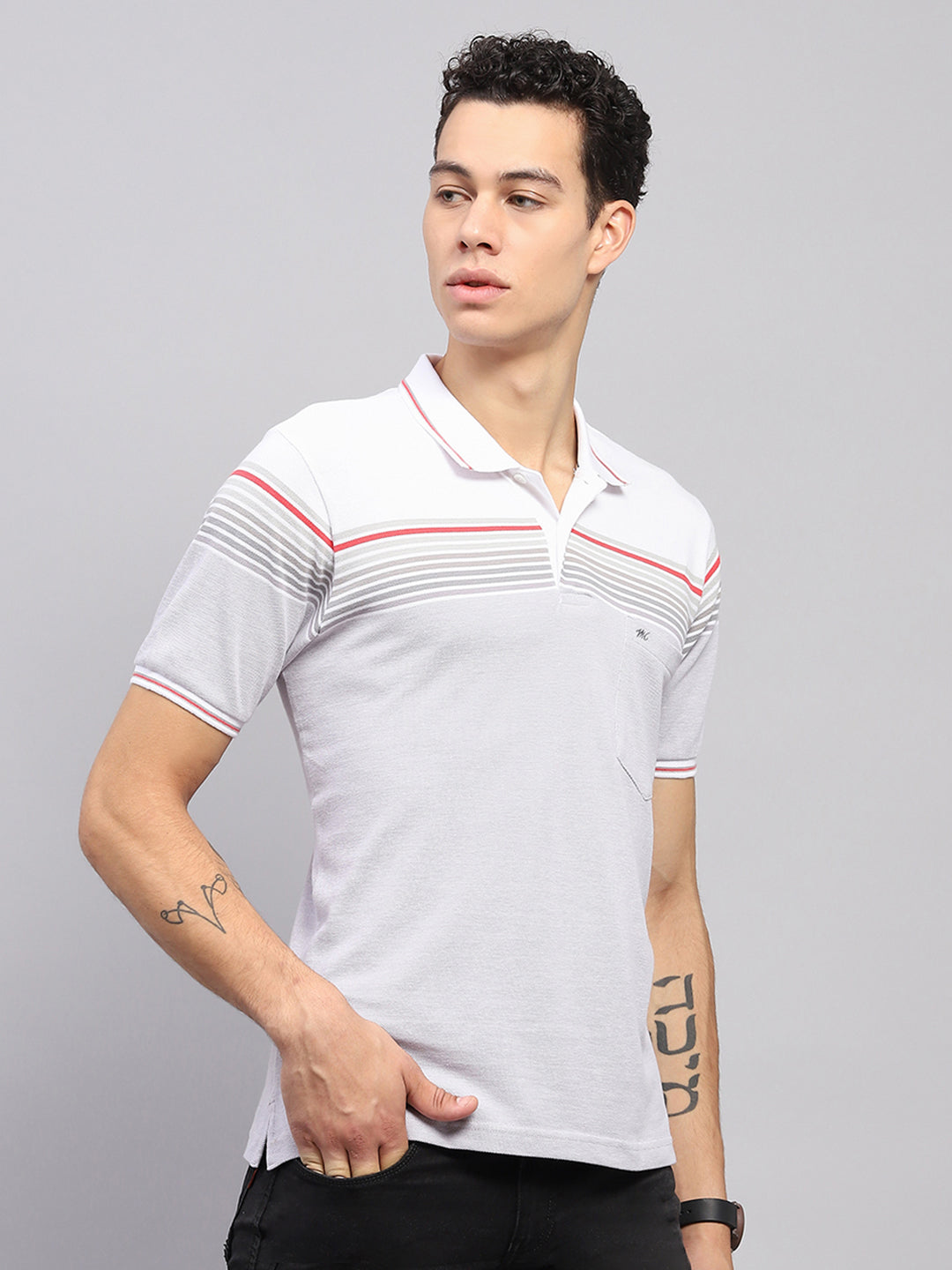 Men White Stripe Collar Half Sleeve T-Shirt