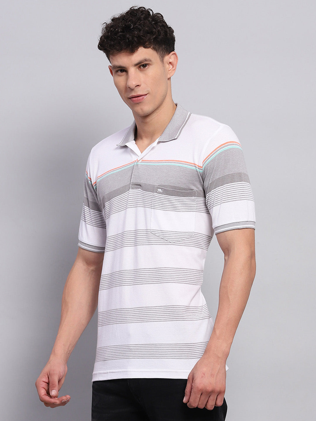 Men Grey Stripe Collar Half Sleeve T-Shirt