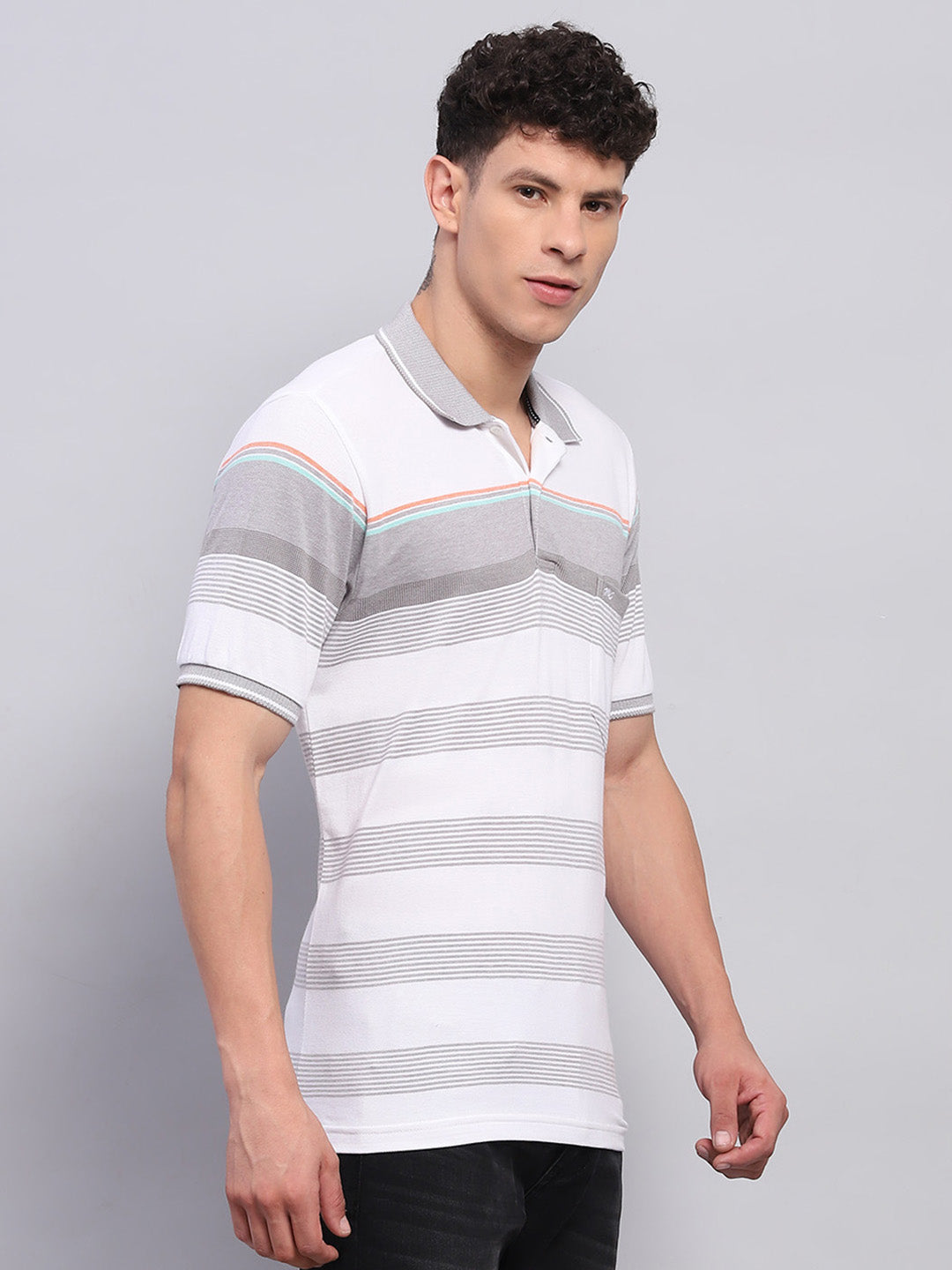 Men Grey Stripe Collar Half Sleeve T-Shirt