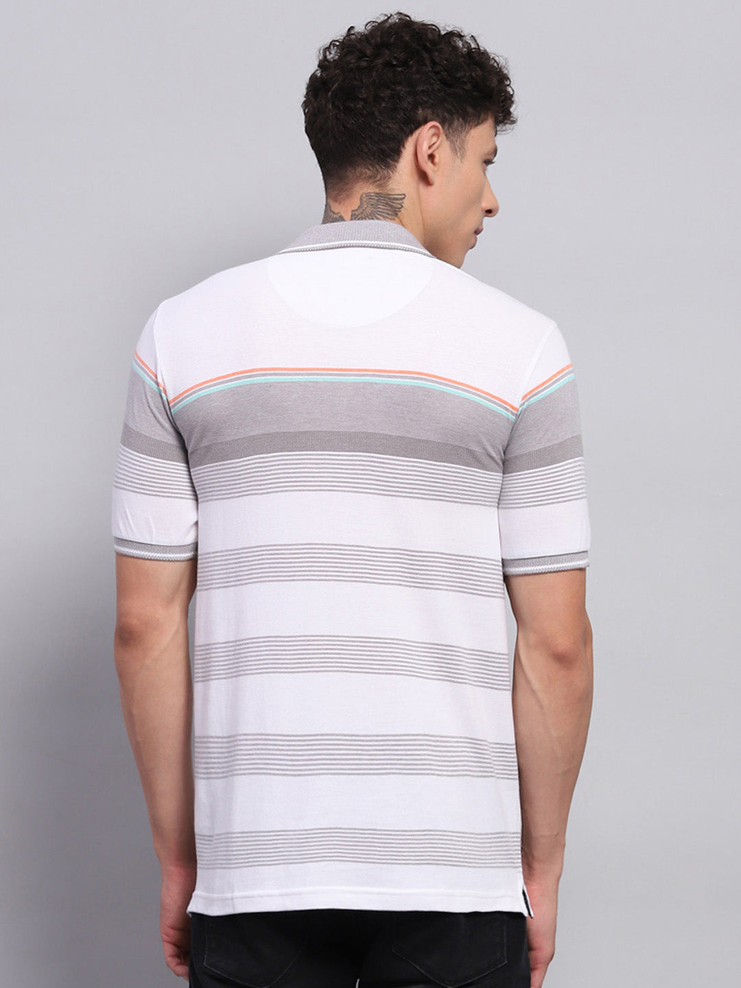 Men Grey Stripe Collar Half Sleeve T-Shirt