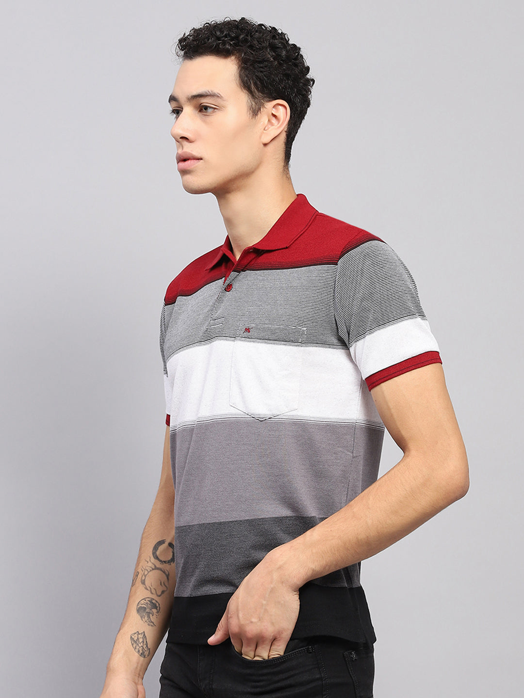 Men Maroon & Grey Stripe Collar Half Sleeve T-Shirt