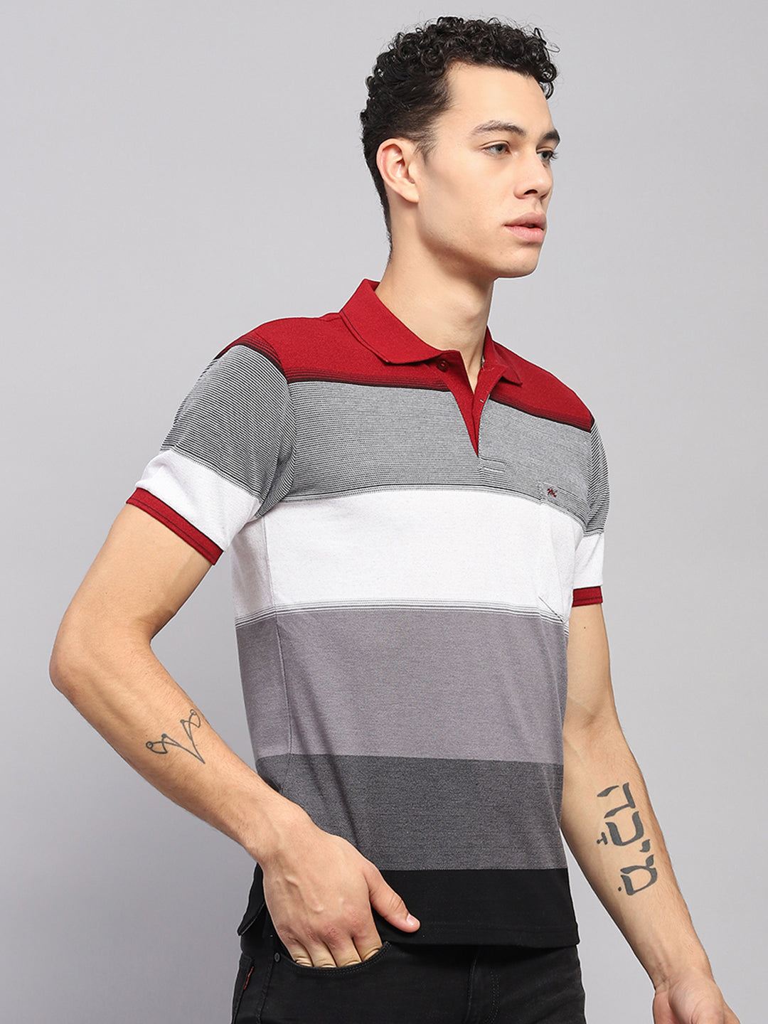 Men Maroon & Grey Stripe Collar Half Sleeve T-Shirt