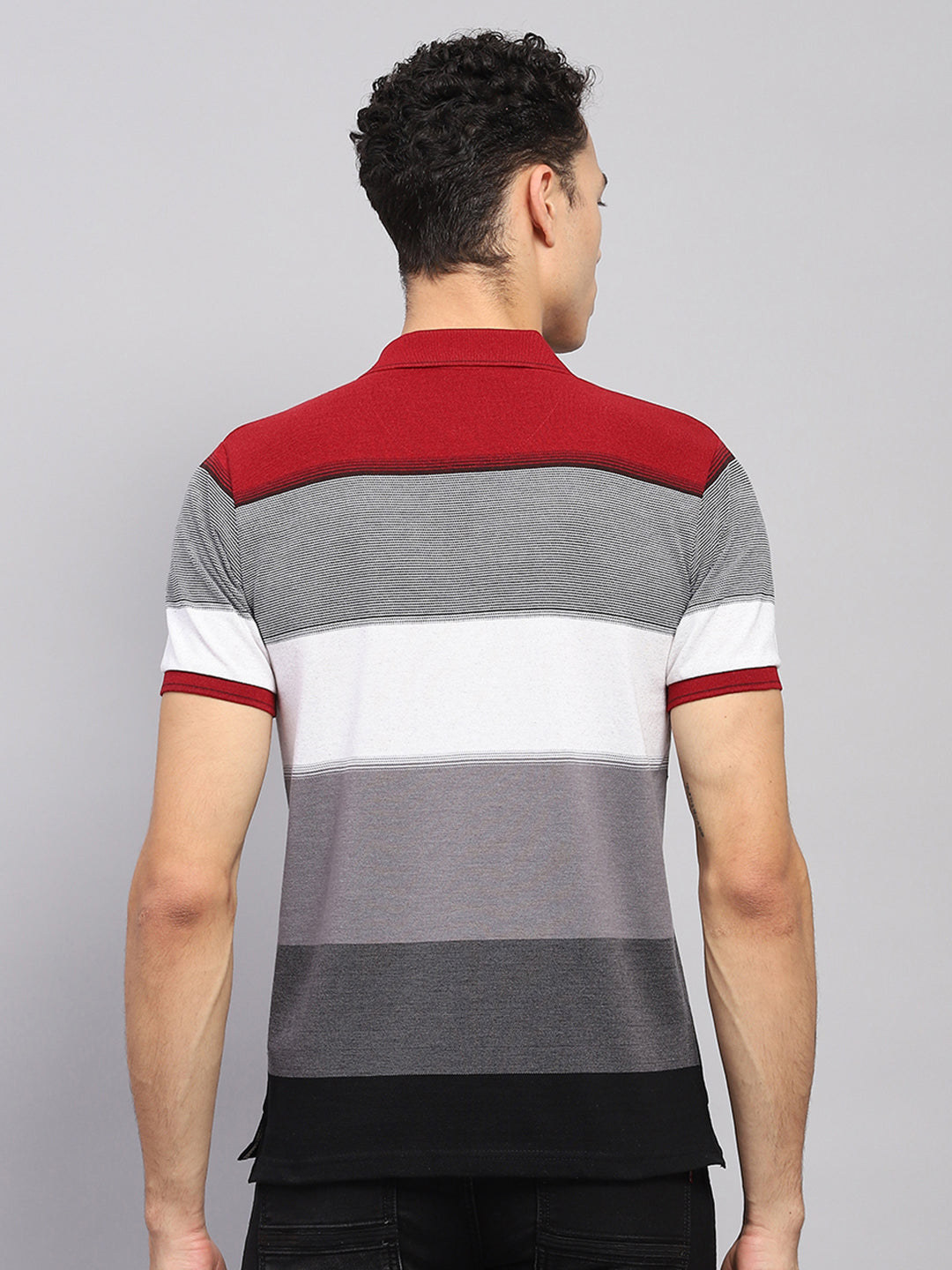 Men Maroon & Grey Stripe Collar Half Sleeve T-Shirt