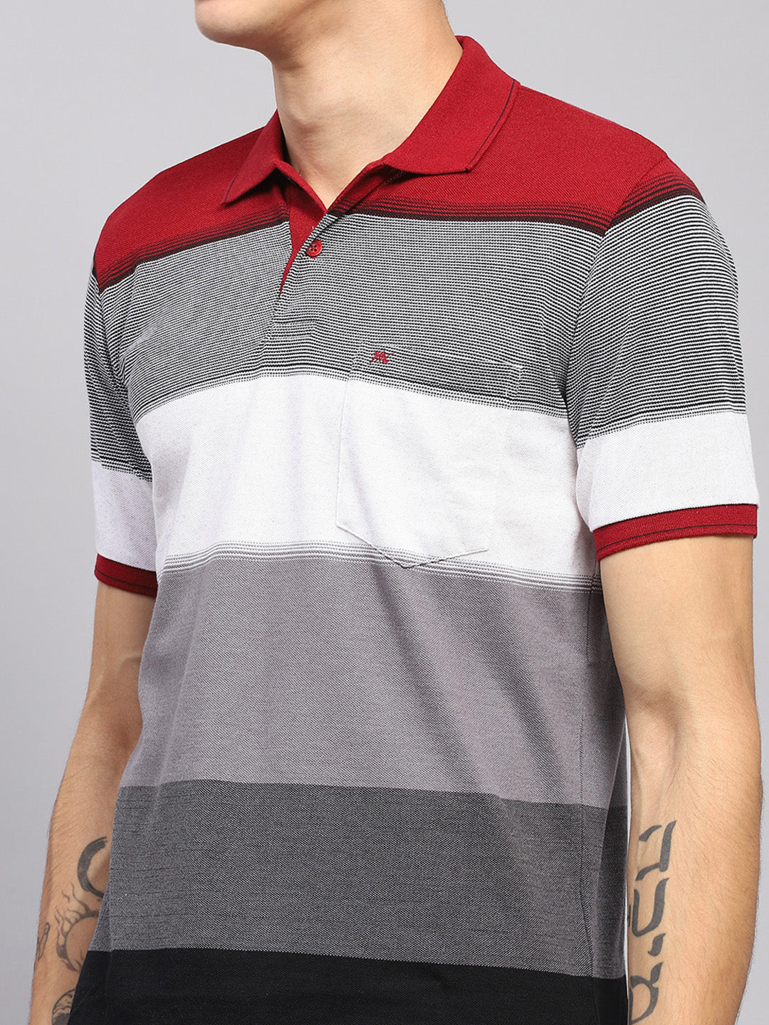 Men Maroon & Grey Stripe Collar Half Sleeve T-Shirt