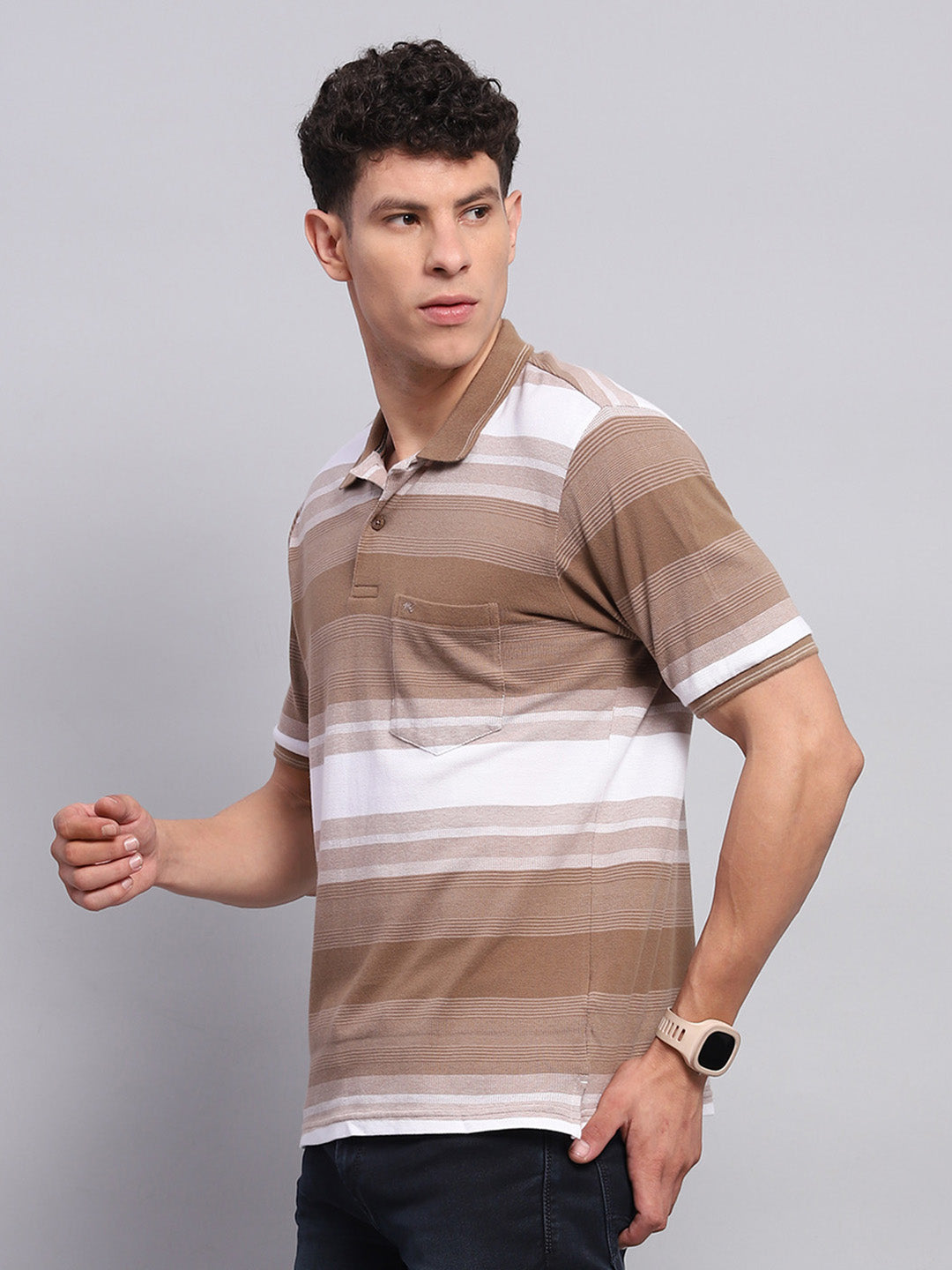 Men Khaki Stripe Collar Half Sleeve T-Shirt