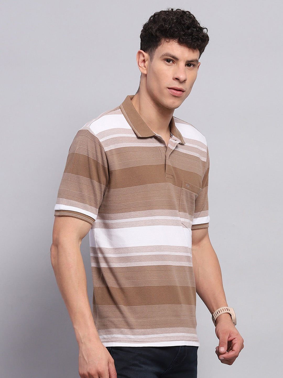 Men Khaki Stripe Collar Half Sleeve T-Shirt