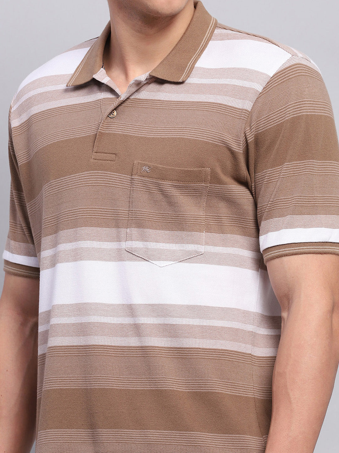 Men Khaki Stripe Collar Half Sleeve T-Shirt