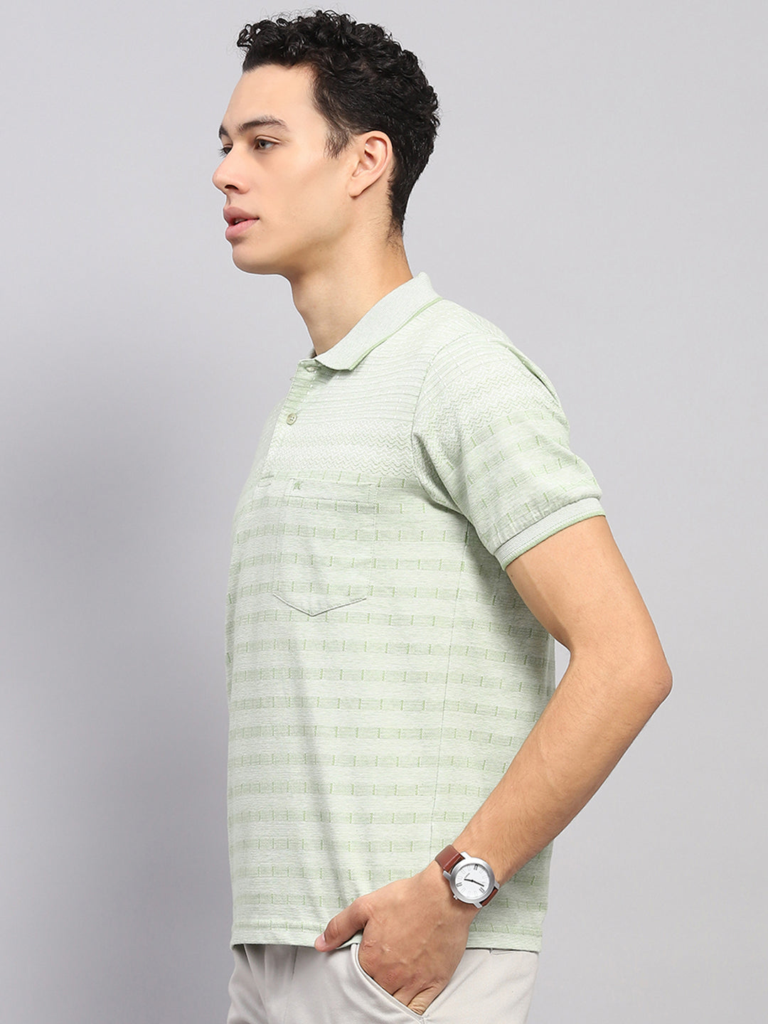 Men Green Stripe Collar Half Sleeve T-Shirt