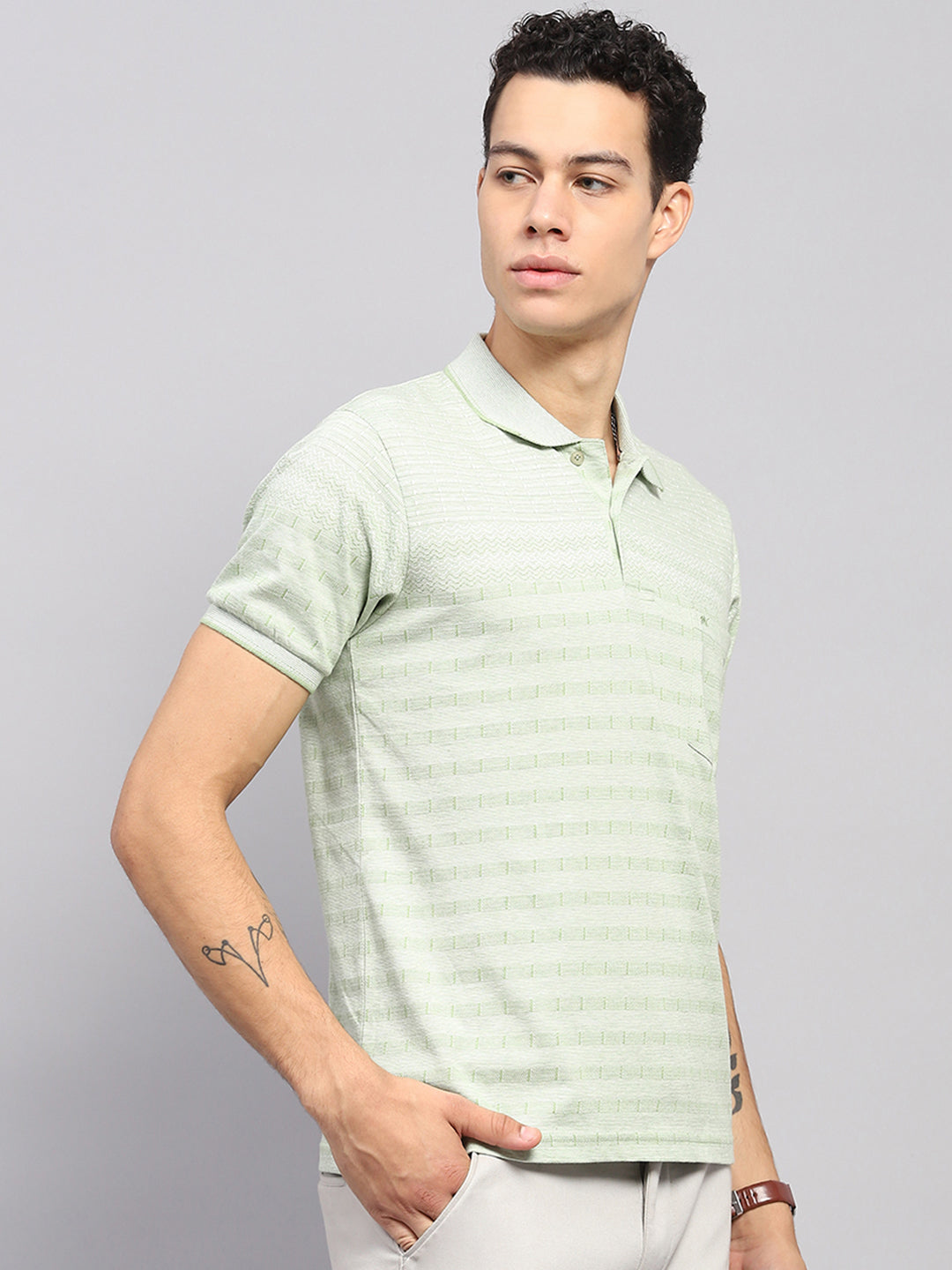 Men Green Stripe Collar Half Sleeve T-Shirt