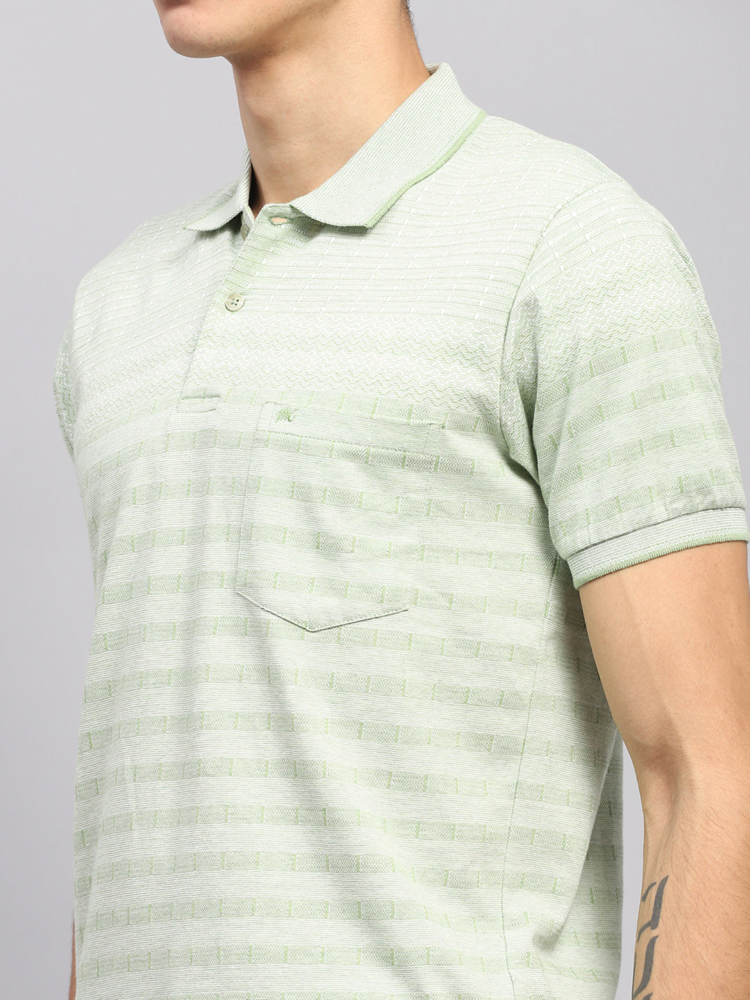 Men Green Stripe Collar Half Sleeve T-Shirt