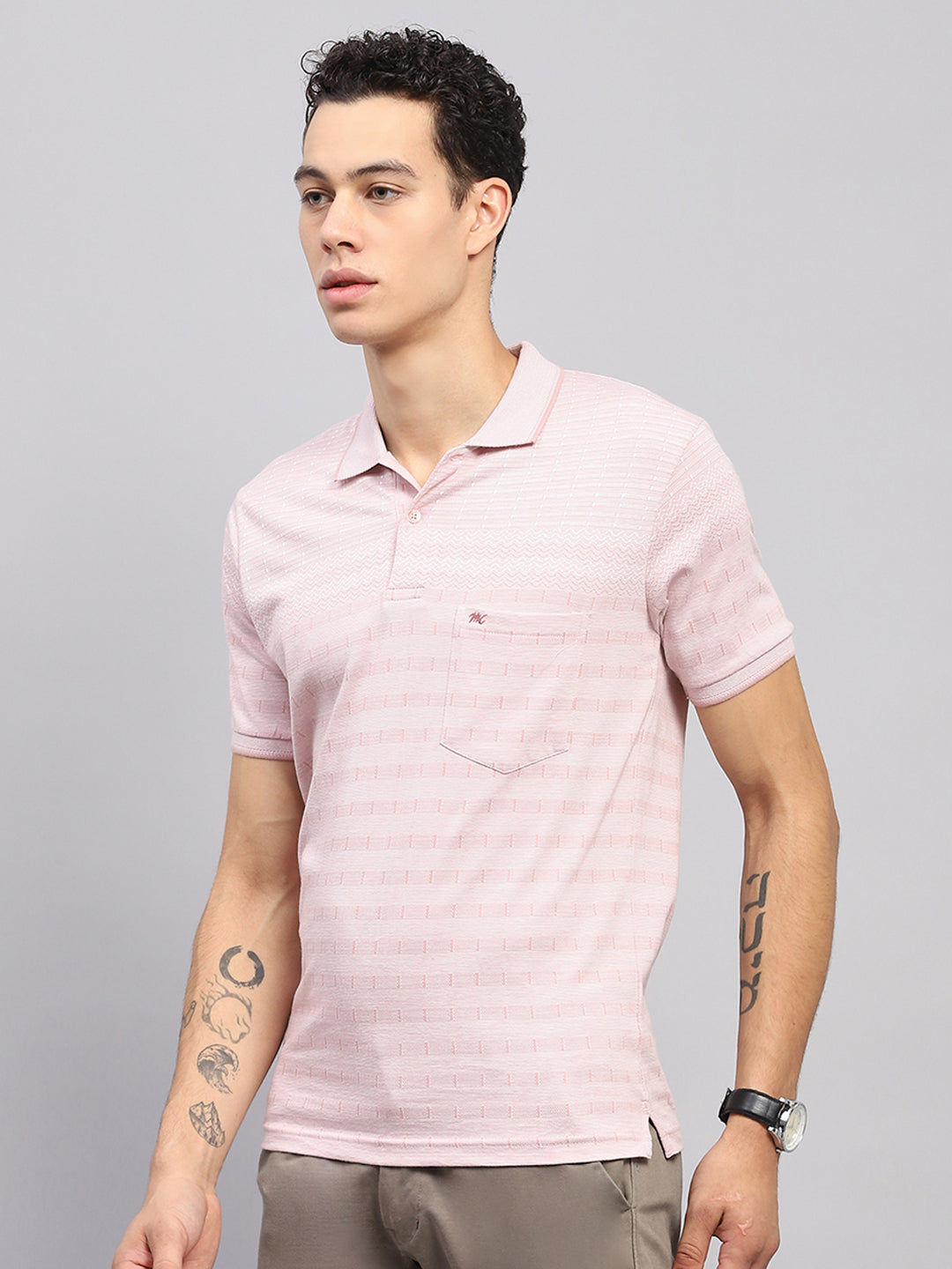 Men Pink Stripe Collar Half Sleeve T-Shirt