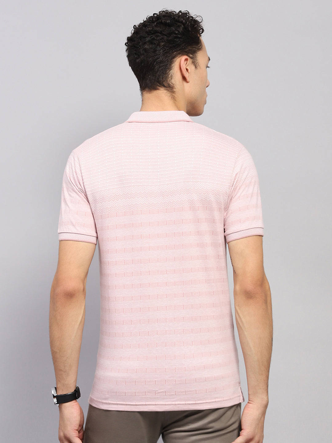 Men Pink Stripe Collar Half Sleeve T-Shirt